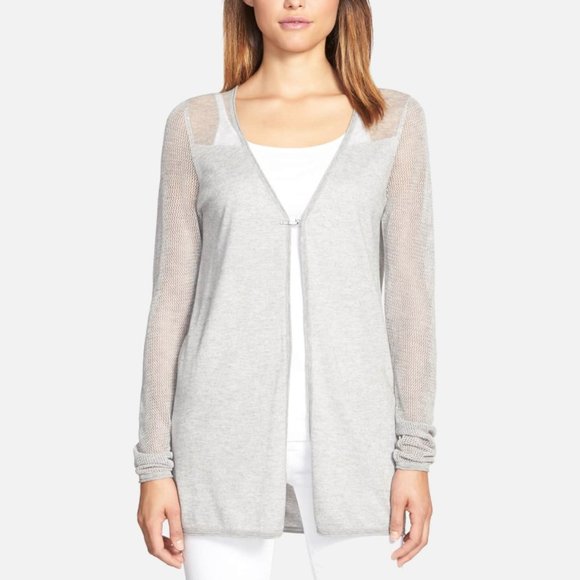 Elie Tahari Sage Gray Cotton and Silk Blend Light Cardigan Sweater - Picture 1 of 12
